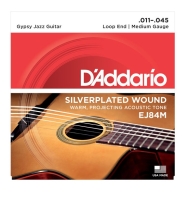 DADDARIO EJ84M SET GYPSY JAZZ SLVR LOOP MEDIUM EJ84M loop end gypsy jazz acoustic guitar strings;  String Gauges: Plain Steel .011, .015, Silver-plated Copper Wound .024, .029, .035, .045